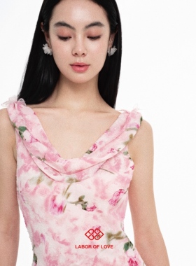 Labor of Love 招桃花裙 原创设计粉色荡领立体蝴蝶斜裁连衣裙