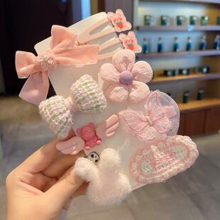 2026新款儿童毛绒发夹套装可爱蝴蝶结花朵发卡发饰少女甜美粉色