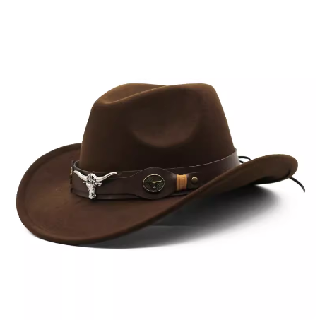 蒙古藏族牛头标礼帽民族风西部牛仔卷檐复古骑马帽子毛呢英伦毡帽