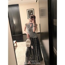 韩系不规则格子半身裙女夏季薄款木耳边雪纺a字裙垂感飘逸中长裙