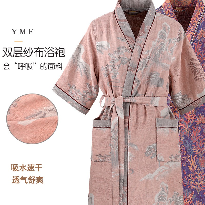 女士浴袍大码夏季透气薄款长款吸水速干中国风睡袍男双层纱布浴衣
