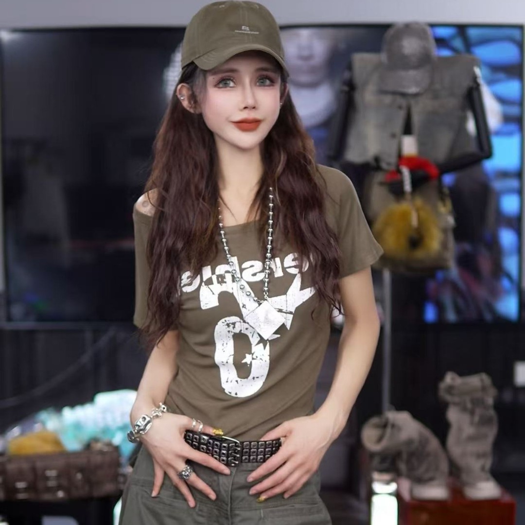 2025夏季新款美式复古斜肩字母印花辣妹显瘦短袖上衣T桖女ins