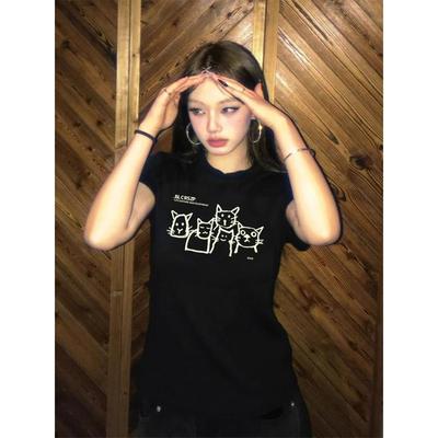 美式黑色正肩短袖t恤女夏季设计感小众修身显瘦微胖辣妹短款上衣