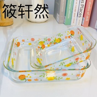 田园花草方形大加小家用高硼硅网红长方形耐热烤盘学生可进烤箱