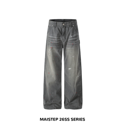 MAISTEP浅灰色泼墨水洗牛仔裤