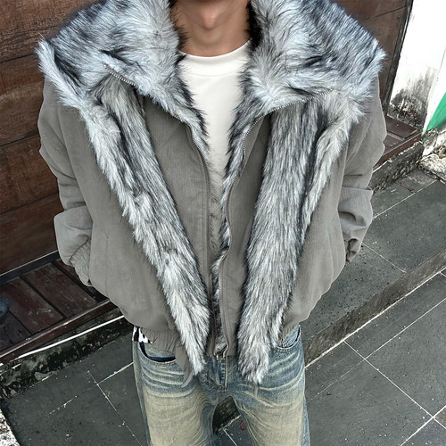 双层毛绒立领座山雕派克服棉衣