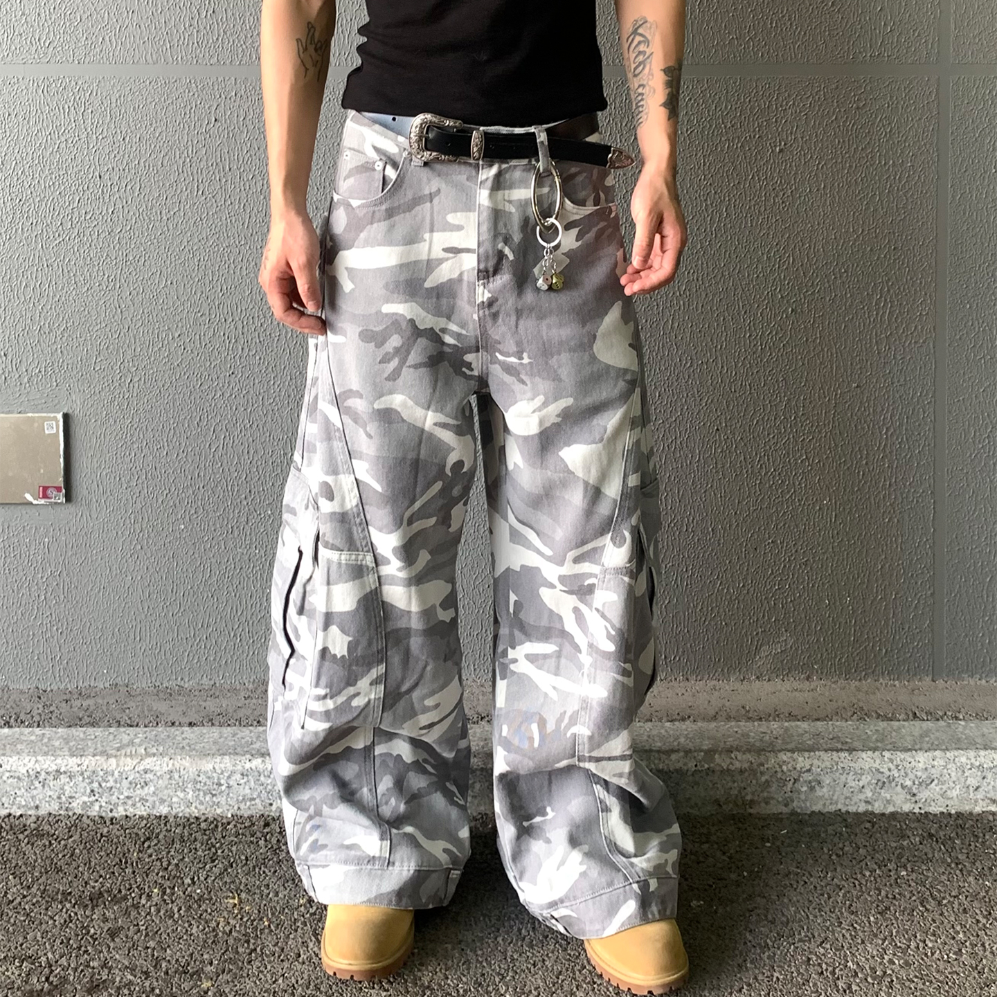 0204MAISTEP白迷彩阔腿弯刀裤