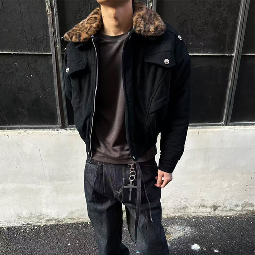 MAISTEP可拆卸豹纹翻领夹克棉服