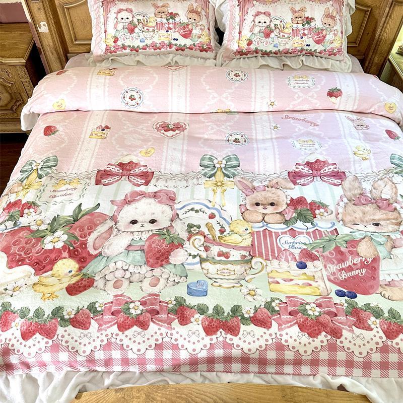 梨梦 草莓蛋糕 lolita牛奶绒四件套秋保暖珊瑚绒床单被套床上用品