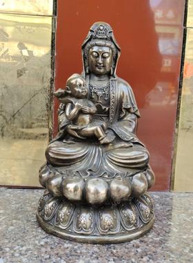 彷古铜观世音菩萨送子观音莲花坐像中式摆件铜童子观音高30公分