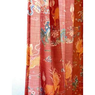 茜茜李出口中式棉麻窗帘山海经红色喜庆国风布帘成品现货天降祥瑞