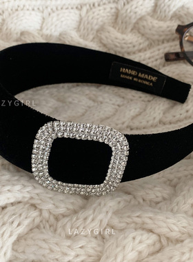 显贵名媛~黑色丝绒宽发箍女闪钻方扣装饰头箍ins博主同款发饰头饰