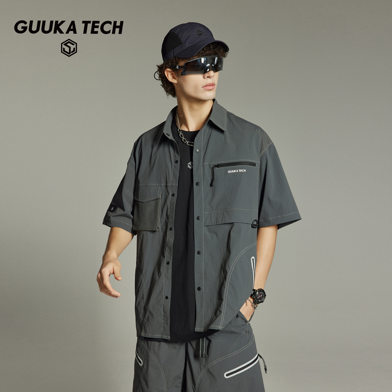 GuukaTech机能户外速干透气凉感短袖衬衫男夏季 美式休闲工装衬衣