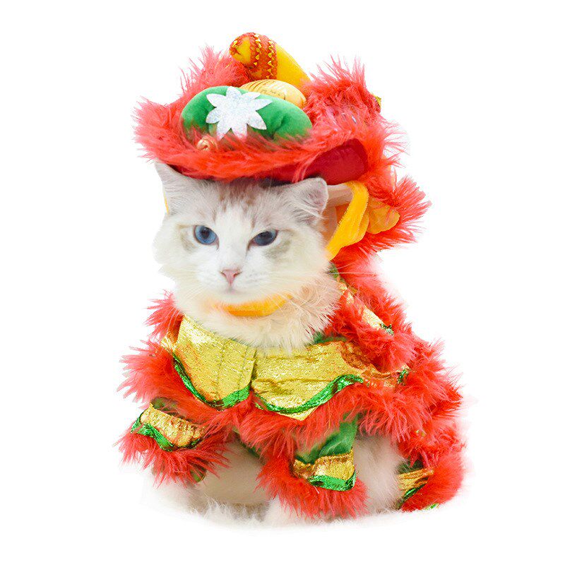 猫咪衣服搞笑搞怪装春秋舞狮狗衣服同款红色N喜庆新年吉祥宠物服