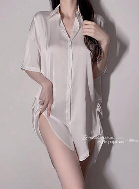 IFELINSE 冰丝性感睡衣女夏季2024新款白衬衫宽松纯欲风长袖睡裙