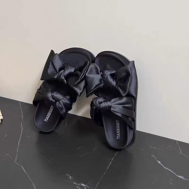 一脚蹬懒人拖鞋2026夏季新款蝴蝶结一字拖鞋网红外穿沙滩拖布面鞋