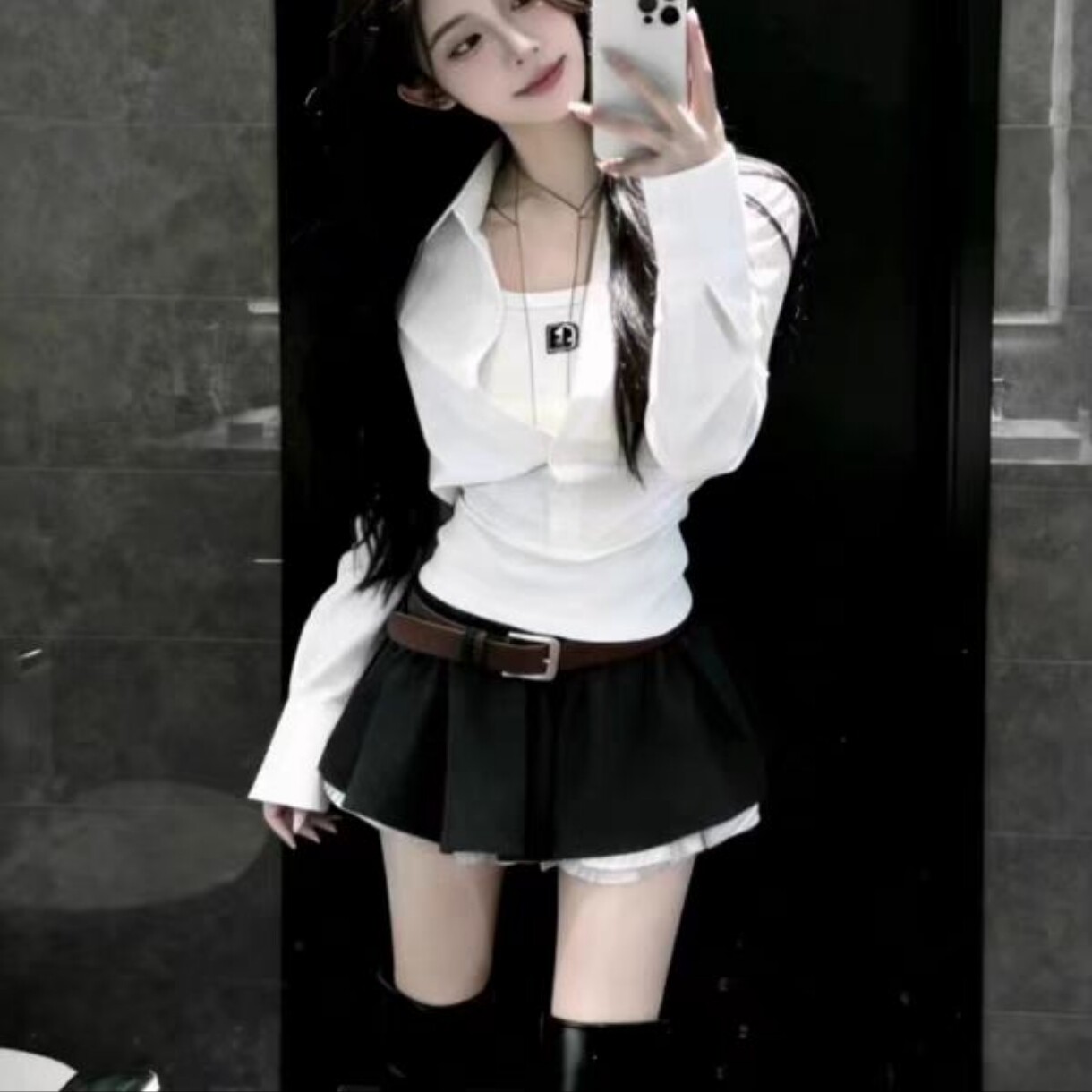 修身显瘦白色假两件上衣女2026春季气质翻领长袖衬衫半裙两件套装