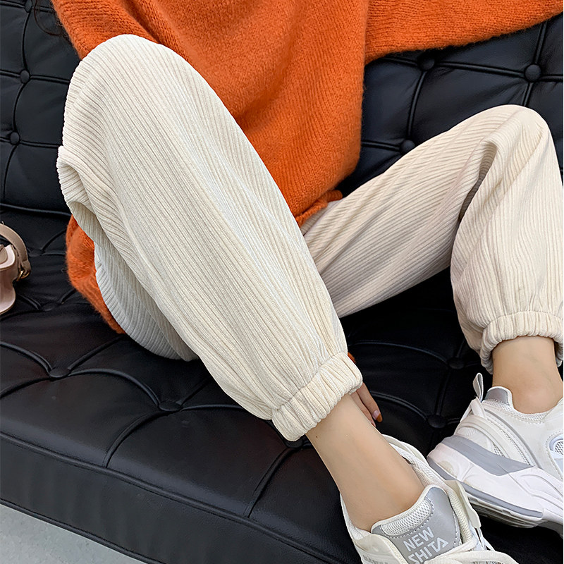 雪尼尔运动裤女春秋小个子杏色宽松大码胖mm高腰束脚卫裤休闲裤子