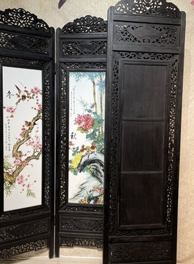 刘雨笒作品红木镶瓷板画粉彩花鸟春夏G秋冬四折折叠屏风古玩摆件