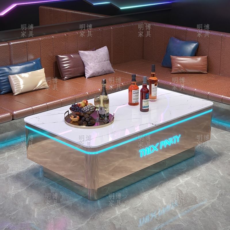 ktv发光茶g几酒吧专用轻奢大理石纹岩板桌子不锈钢钢化玻璃台定制