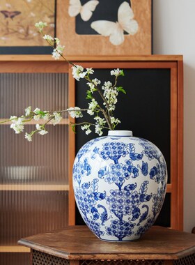 新中式蓝色鸟语花香花瓶大肚容福蝶恋花H器富贵兰花黄色梅瓶将军