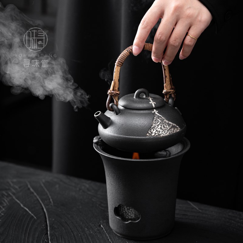 矾黑粗陶煮茶壶酒精炉复古黑色茶壶提梁壶茶炉T陶瓷煮茶器侘寂风