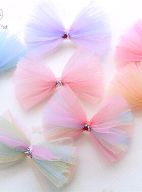 Lazy Petn韩国宠物头饰猫狗彩虹渐变色网纱蝴蝶结发夹头花
