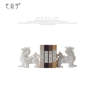 新中式白色貔貅对狮摆件售楼处展台D软装饰品茶几茶室书房酒柜摆