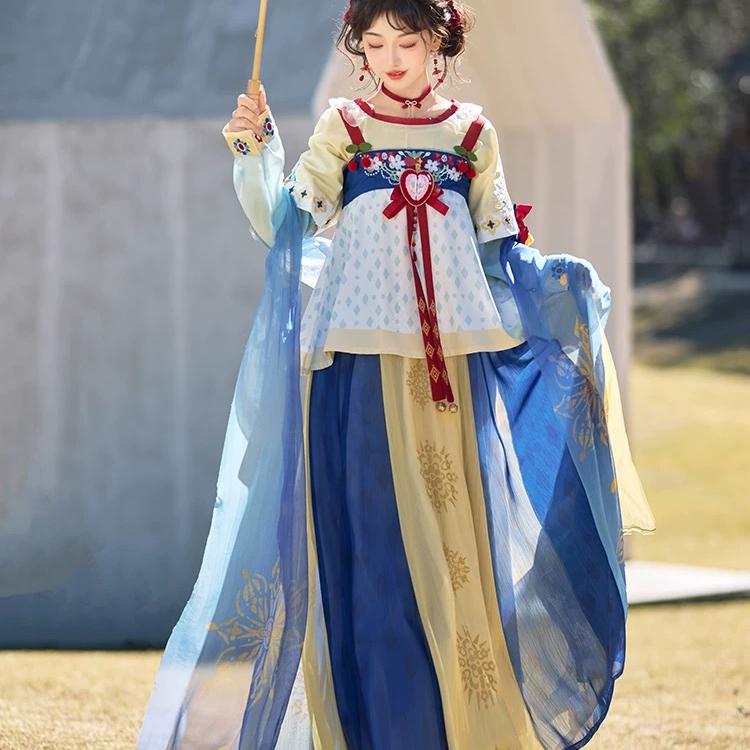 2025新唐制汉服女套装日常通勤坦领半臂破裙古装夏童话白雪公主裙