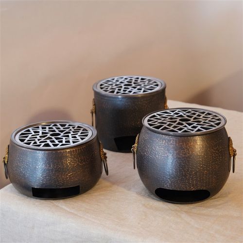 手工纯铜炭炉酒精炉紫q铜做旧围炉煮茶带烤网烤茶炉红铜覆古炭火