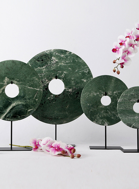 新中式红色玉璧天然白q绿色玉石摆件客厅玄关样板房装饰品家居摆