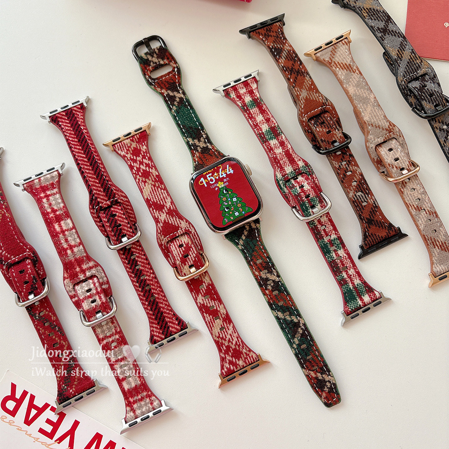 适用applewatchS11/10圣诞新年配色格纹皮质表带苹果手表ultra3/2女款闺蜜iwatch9/8/7/6新款休闲百搭SE腕带