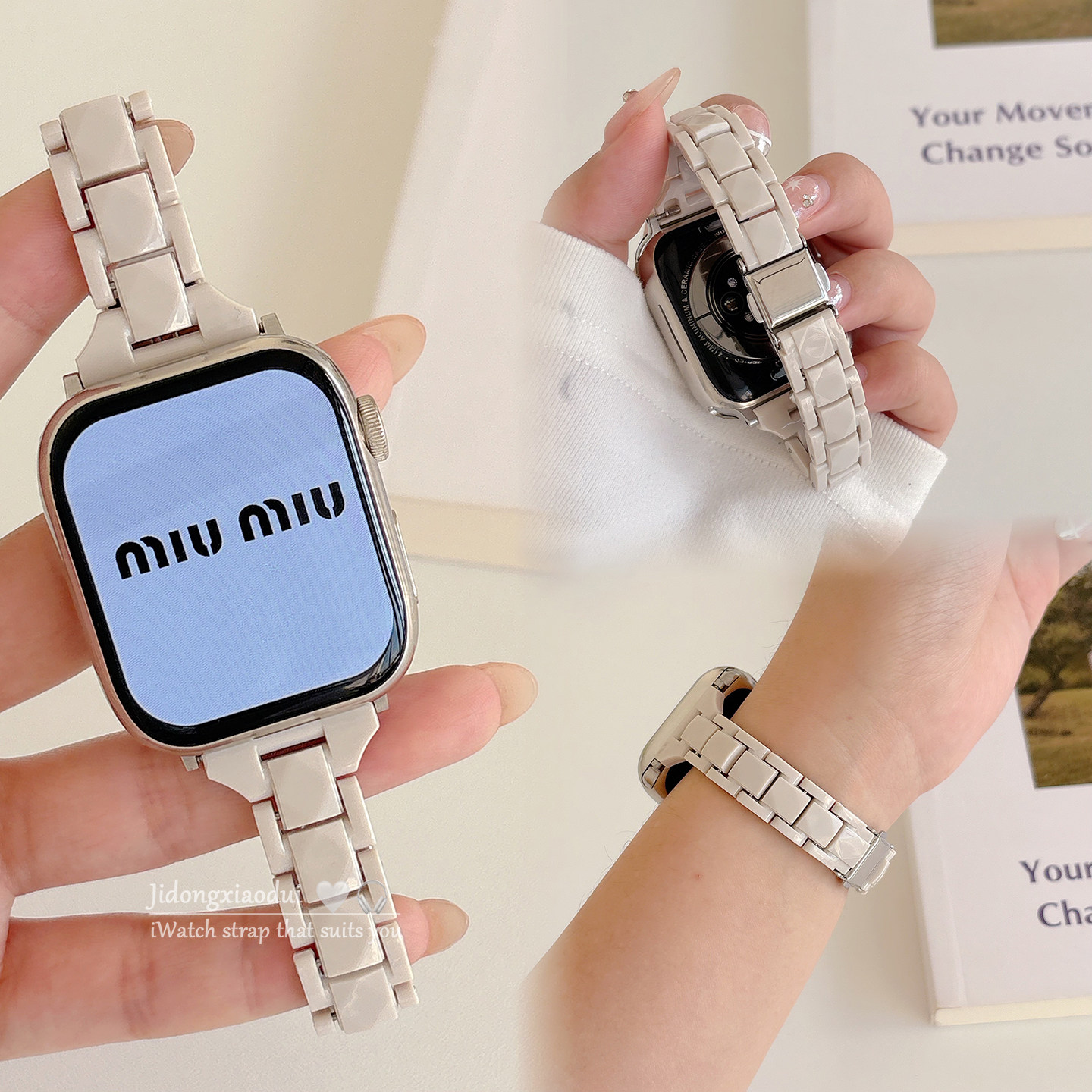 适用applewatchS11/10夏日树脂小蛮腰表带苹果手表保护壳ultra3/2男女情侣iwatch9/8/7/6新款透气SE小众腕带