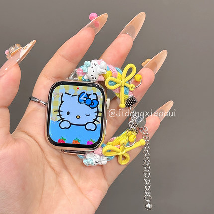 适用iwatch10苹果手表applewatch9表带s10可爱卡通kitty编织手绳s8s7夏天Ultra2新款45SE超火s6女S9闺蜜小众