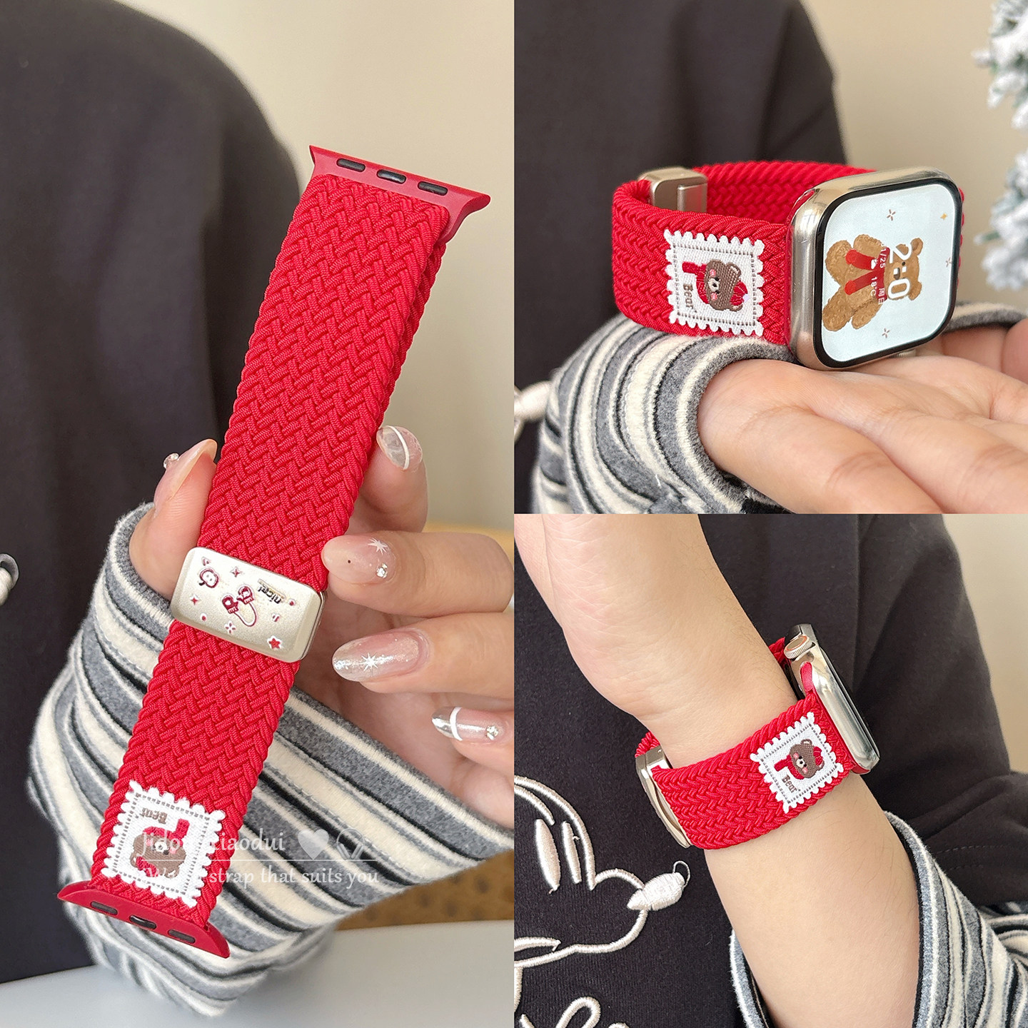 适用applewatchS11/10秋冬可爱围巾小熊磁吸表带苹果手表ultra3/2女款情侣iwatch9/8/7/6新款运动透气SE腕带