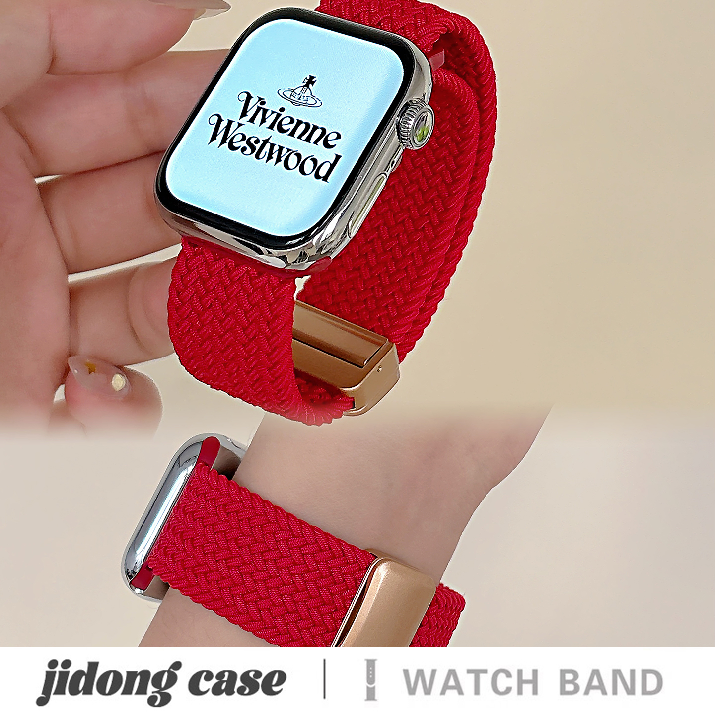 适用applewatchS11/10简约红色尼龙编织磁吸表带苹果手表ultra3/2男女情侣iwatch9/8/7/6新款运动透气SE腕带