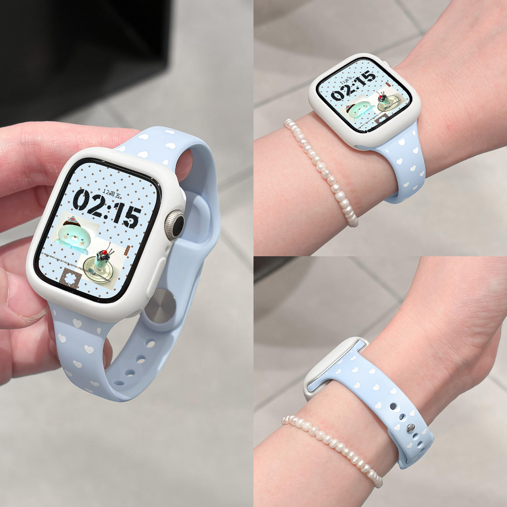 适用applewatchS11/10韩系多巴胺爱心硅胶表壳苹果手表带ultra3/2女款iwatch9/8/7/6新款夏天透气SE小众腕带