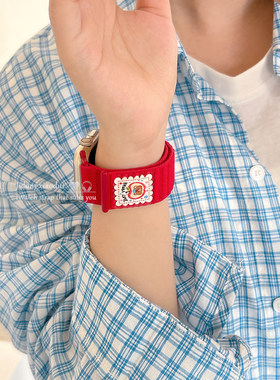适用applewatchS11/10卡通小熊猫咪魔术贴表带苹果手表ultra3/2男女款情侣iwatch9/8/7/6新款运动透气SE腕带