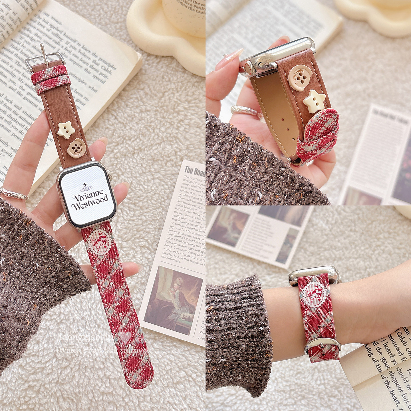 适用applewatchS11/10英伦风拼色格纹星星纽扣表带苹果手表ultra3/2女情侣iwatch9/8/7/6新款休闲百搭SE腕带