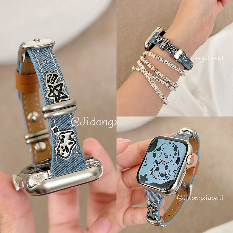适用iwatch10苹果手表applewatch9表带s10夏日百搭牛仔小狗配饰s8s7网红Ultra2新款45SE超火s6男女S9闺蜜小众