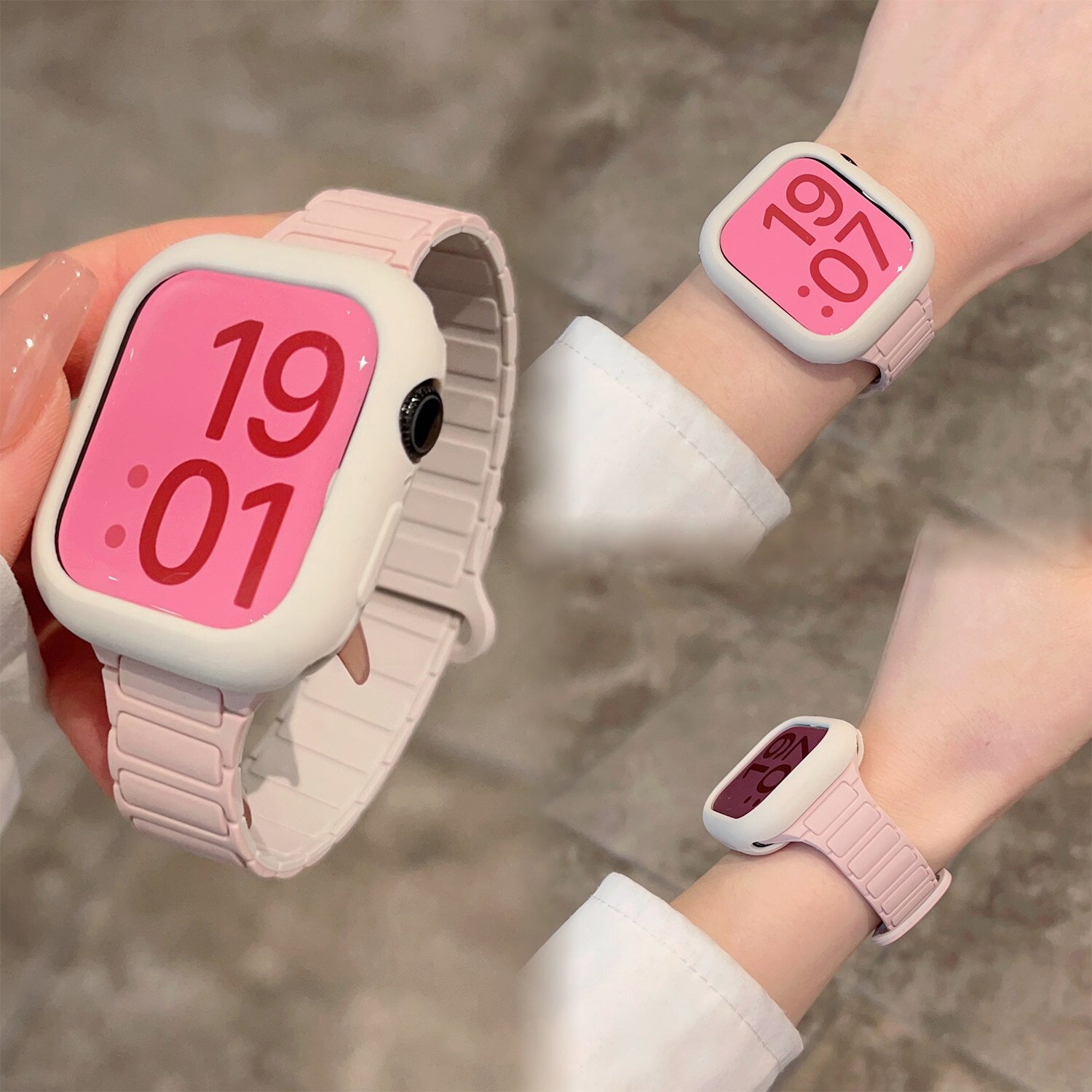 适用applewatchS11/10简约拼色硅胶磁吸表带苹果手表ultra3/2男女情侣iwatch9/8/7/6新款运动透气SE小众腕带