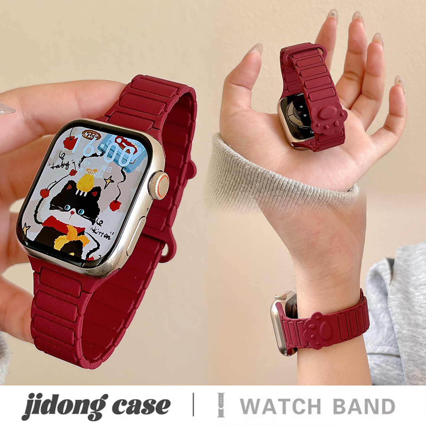 适用applewatchS11/10张婧仪同款猫爪磁吸细款表带苹果手表ultra3/2女闺蜜iwatch9/8/7/6新款休闲百搭SE腕带