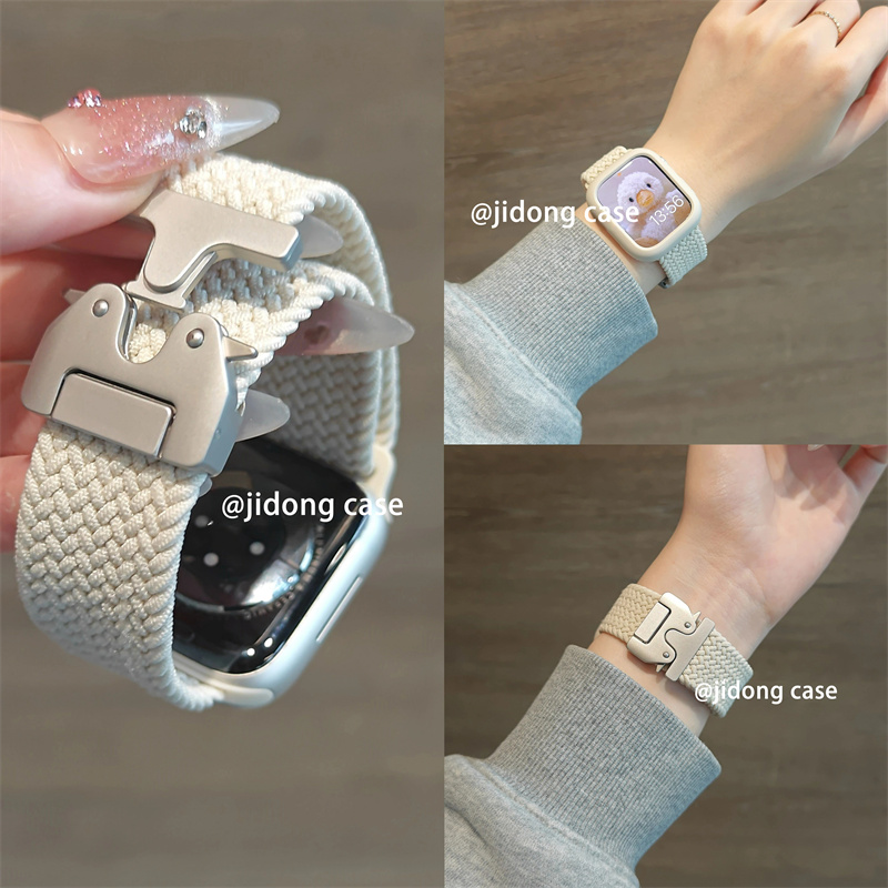 适用iwatch10表带S9苹果S8手表9纯色编织S10尼龙伞扣Applewatch8弹力S7表带SE运动7高级ultra女watchs腕带7男