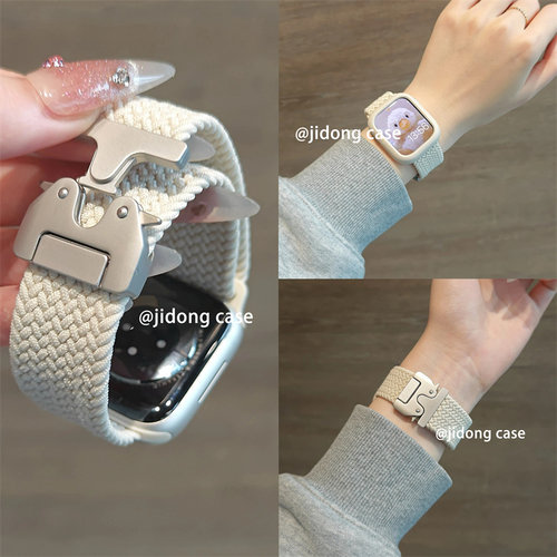 适用iwatch11表带S10苹果S9手表8纯色编织S7尼龙伞扣Applewatch弹力6表带SE运动5高级ultra23女watchs腕带7男