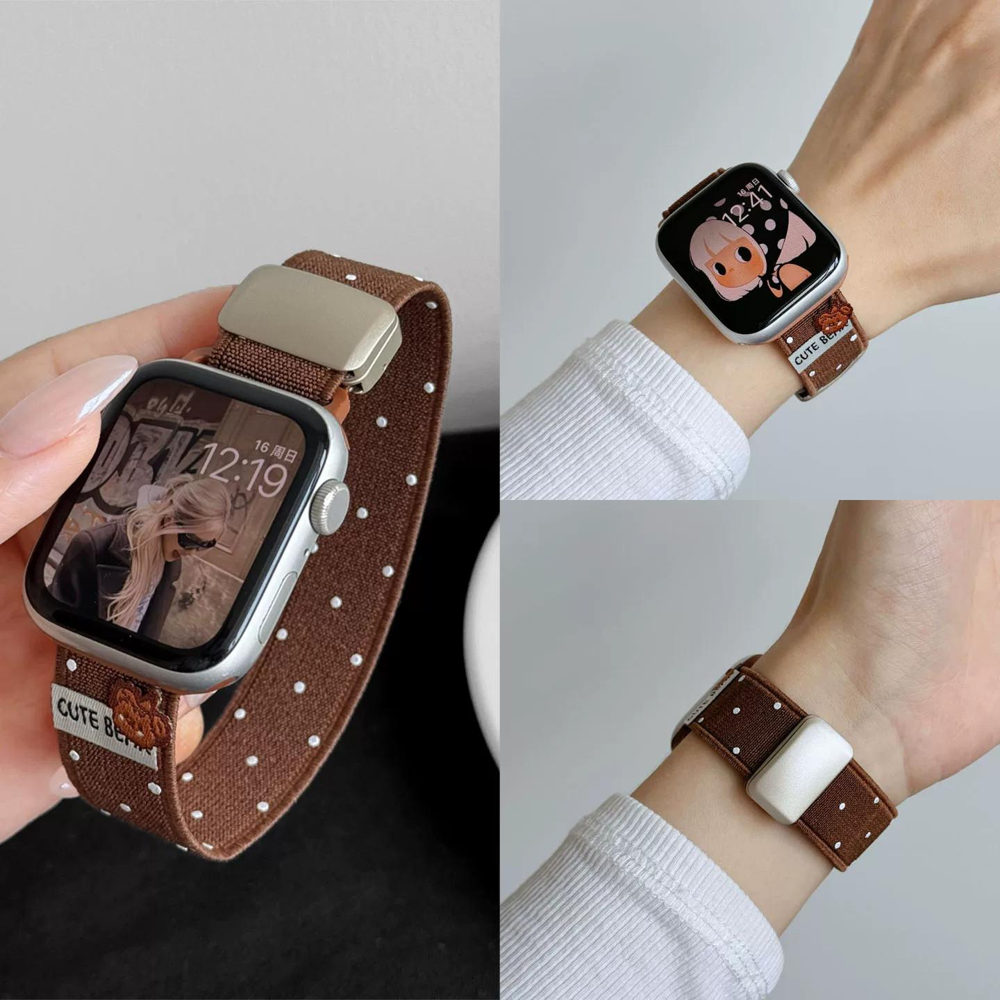 适用applewatchS12/11波点礼帽小熊尼龙表带10苹果手表ultra3/2女闺蜜iwatch9/8/7/6新款夏天透气SE小众腕带
