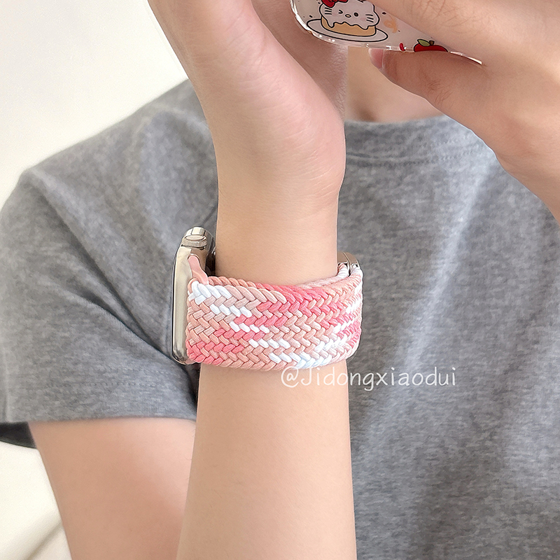 适用iwatch10苹果手表applewatch9表带s10夏日渐变色尼龙编织s8运动s7透气磁吸Ultra2新款45SE简约s6女S9小众