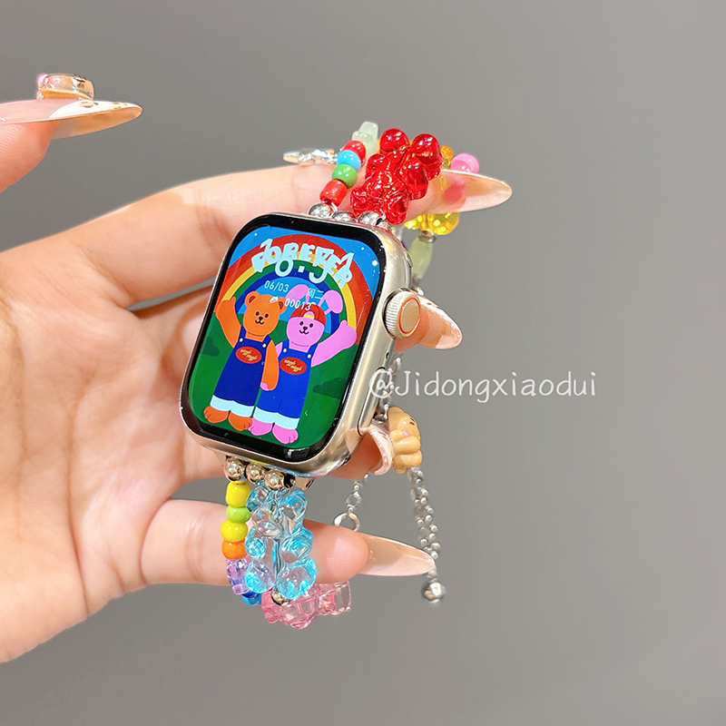 适用iwatch10苹果手表applewatch9表带s10原创彩色软糖小熊手链s8s7夏天Ultra2新款45SE超火s6女款S9闺蜜小众
