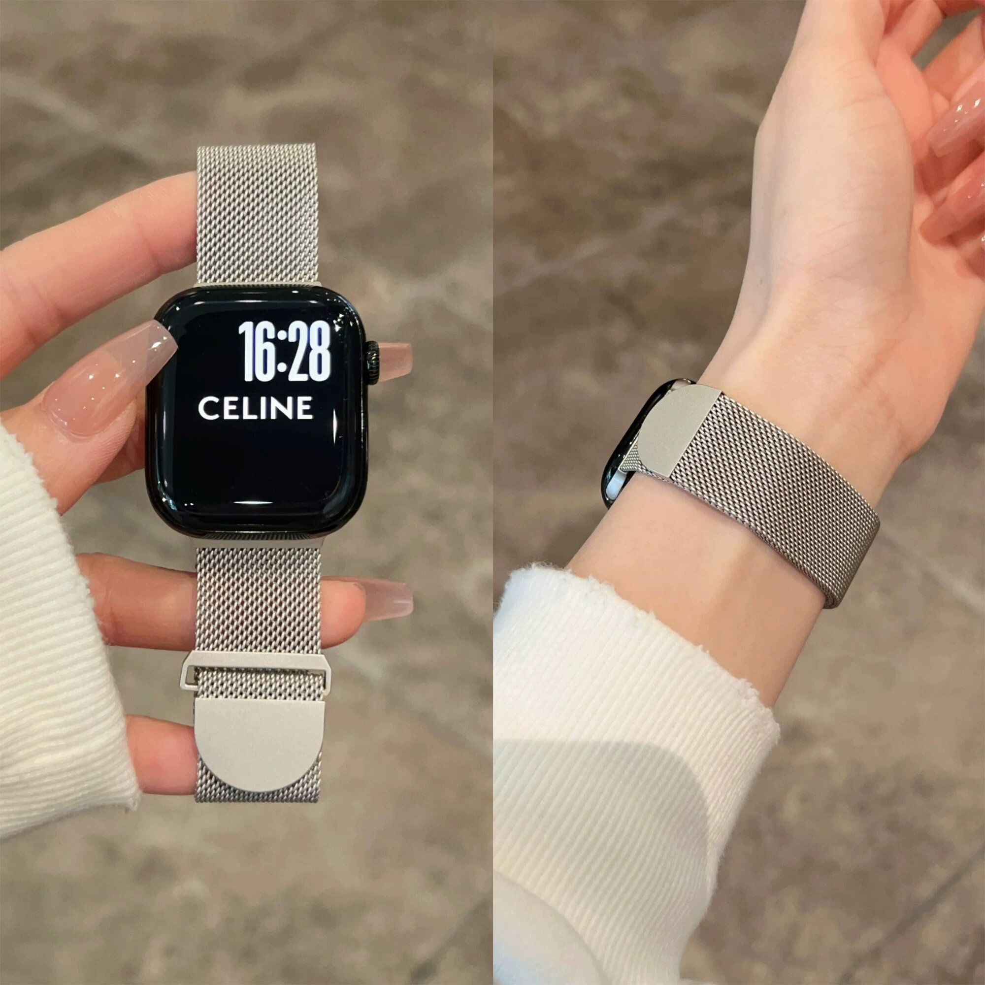 适用applewatchS12/11米兰尼斯磁吸表带苹果10手表ultra4/3/2男女情侣iwatch9/8/7/6新款夏天透气SE小众腕带