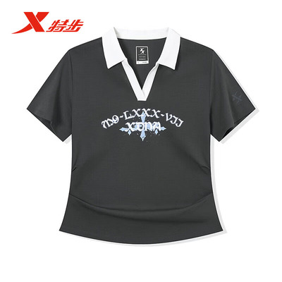特步女夏季短袖修身字母POLO衫