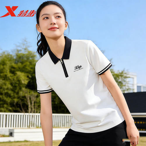 特步半拉链透气女POLO衫夏季